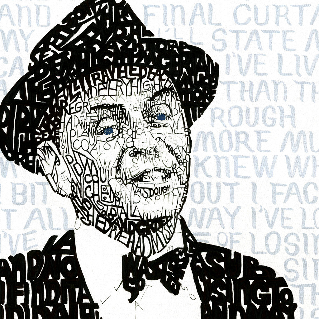 Frank Sinatra portrait formed from lyrics of ‘My Way’ in elegant wall display setting Frank Sinatra word art portrait in tuxedo and fedora formed from handwritten lyrics
