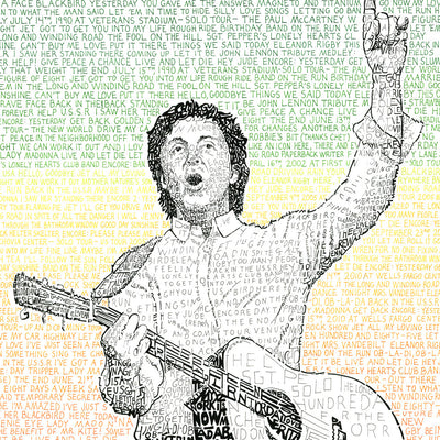Paul McCartney art with artist holding guitar in green, yellow, and orange hand-written words of all his Philly concerts.