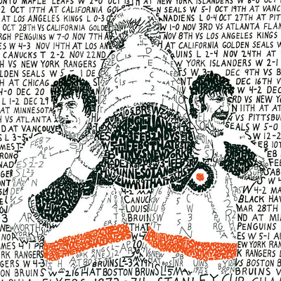 1973-74 Philadelphia Flyers championship art with Bobby Clarke and Bernie Parent made of handwritten words from that season.