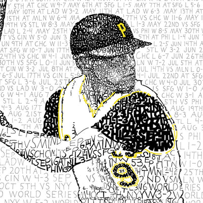 Portrait of Pittsburgh Pirate Bill Mazeroski at bat in 1960 World Series, handwritten with season stats in black and yellow ink.