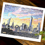 New York art of New York skyline made with multi-colored words honoring people and places in New York by artist Dan Duffy.