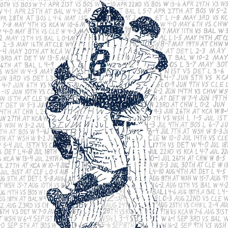 Yogi Berra leaps into Don Larsen’s arms after 1956 World Series perfect game in word art handwritten with all Yankees 1956 games.