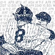 Detail of handwritten word art of 1956 World Series perfect games shows handwritten stats forming Berra and Larsen’s images.