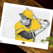 Unframed handwritten word art portrait of 1979 World Series MVP Willie Stargell of 1979 Pittsburgh Pirates flat on wood table.