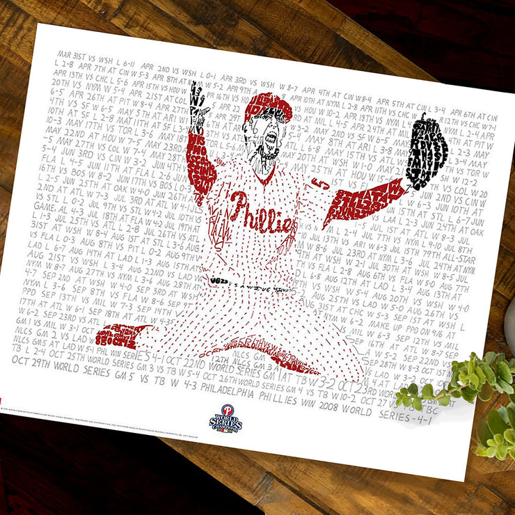 Unframed word art print of Brad Lidge celebrating last out in 2008 World Series lies flat on wood table next to small plant.