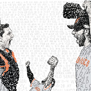 Word art depicting Madison Bumgarner, Buster Posey and Pablo Sandoval celebrating the SF Giants World Series win in 2014.