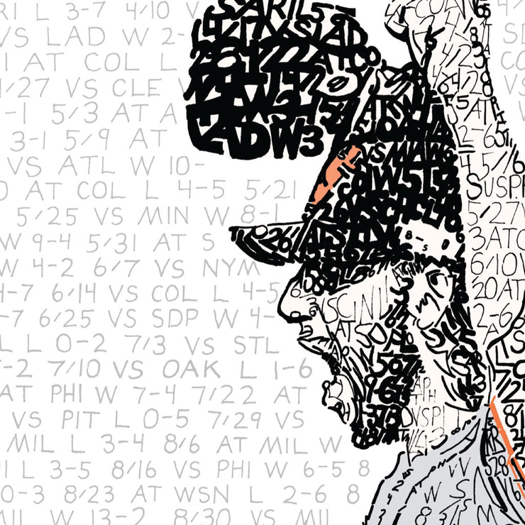 Detail of handwritten word art of SF Giants World Series win, showing handwritten stats in Madison Bumgarner’s head and arms.