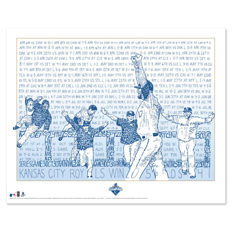 Unframed word art print of Kansas City Royals players celebrating 2015 World Series win, handwritten with season stats.