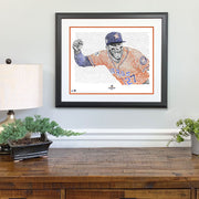 Matted and framed word art portrait of Jose Altuve, one of best 2017 Houston Astros World Series gifts, hangs on wall.
