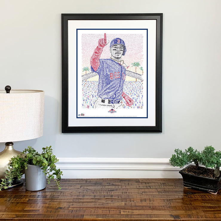 Matted and framed word art portrait of Mookie Betts in World Series, one of best 2018 Boston Red Sox gifts, hangs on wall.
