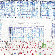 Detail of Bryant-Denny Stadium shows how handwritten Crimson Tide victories form crowd at main gate of the Alabama stadium.