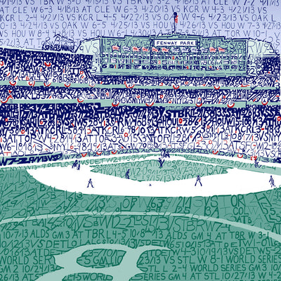 Word art depicting the Boston Red Sox 2013 World Series win at Fenway Park, handwritten with every 2013 Red Sox game.