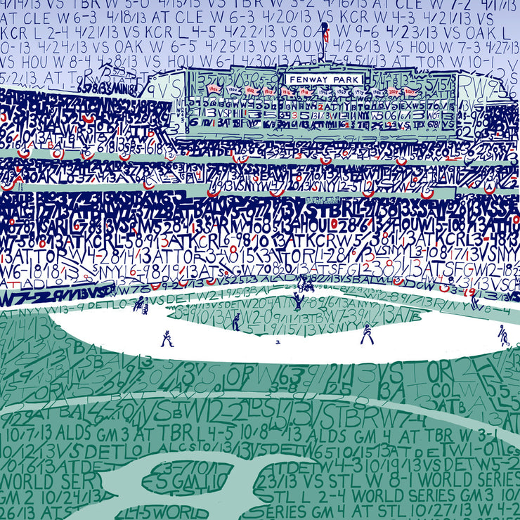 Word art depicting the Boston Red Sox 2013 World Series win at Fenway Park, handwritten with every 2013 Red Sox game.