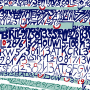 Detail of handwritten word art of Boston Red Sox 2013 World Series win at Fenway Park, showing numbers and letters in stands.