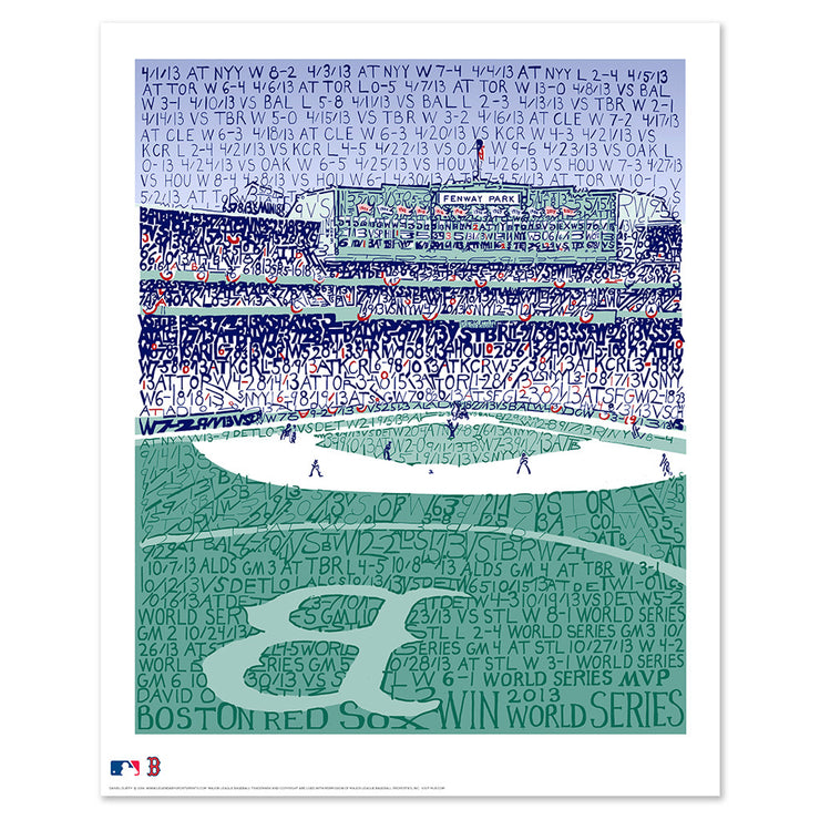 Unframed word art of Boston Red Sox 2013 World Series win at Fenway Park, formed from handwritten stats of the 2013 season.