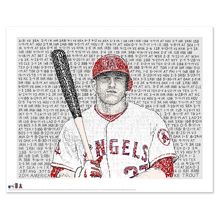 Anaheim Angels gift of 2014 MVP Mike Trout wall art portrait with hand-drawn words and games stats in red, black, and white.