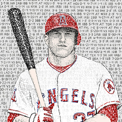 Black, red, white portrait of Angels 2014 MVP Mike Trout wall art with hand-drawn words and stats from his career.