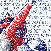 Detail of handwritten word art celebrating the 2007 Red Sox shows season stats forming players’ heads, arms, and background.