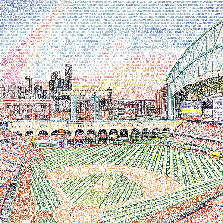 Huston Astros gift print of Minute Maid Stadium hand-drawn in small rainbow-colored names of every Astro in history.