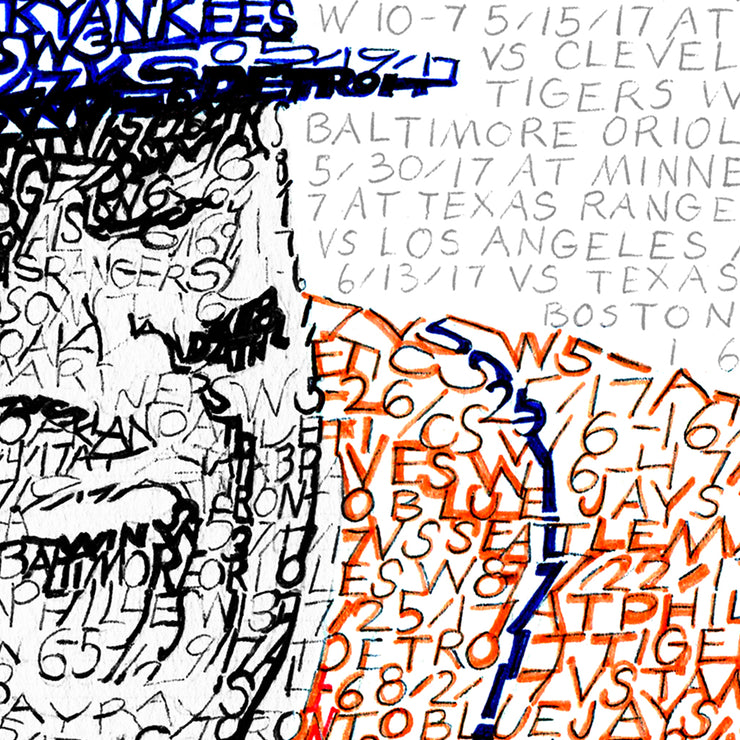 Detail of word art of Jose Altuve celebrating 2017 Houston Astros World Series win, showing stats in face, jersey, and cap.