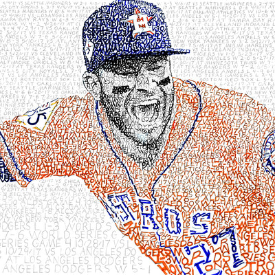 Word art depicting Jose Altuve celebrating 2017 Houston Astros World Series win, handwritten with all of team’s 2017 games.