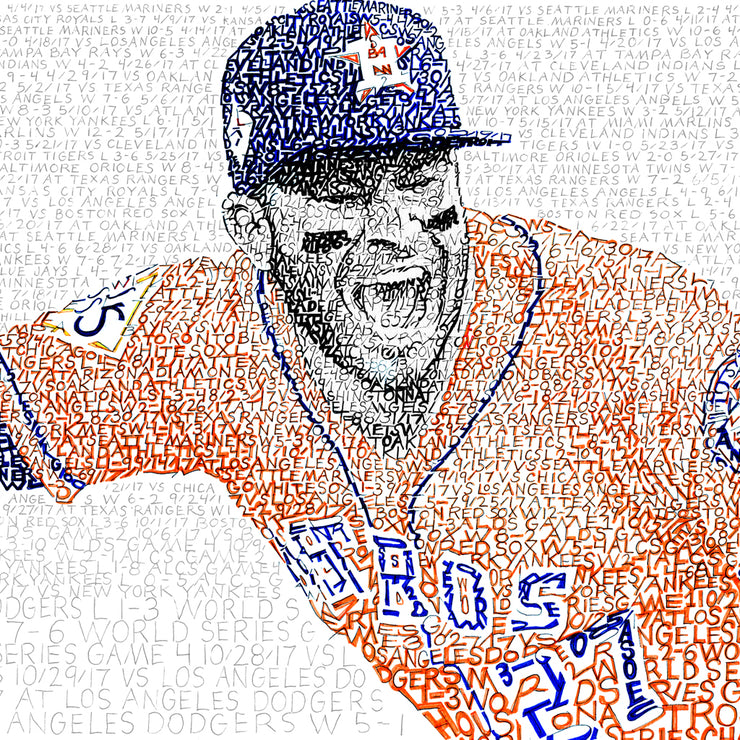 Word art depicting Jose Altuve celebrating 2017 Houston Astros World Series win, handwritten with all of team’s 2017 games.