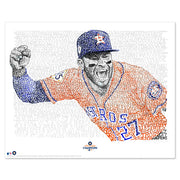 Unframed word art print of Jose Altuve celebrating 2017 Houston Astros World Series win, handwritten with season stats.