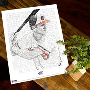 Unframed word art print celebrating the Baltimore Orioles World Series win in 1983 lies flat on wood table next to small plant.