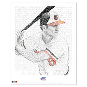 Unframed word art print shows Orioles infielder Cal Ripken at bat in 1983 World Series, handwritten with 1983 season stats.