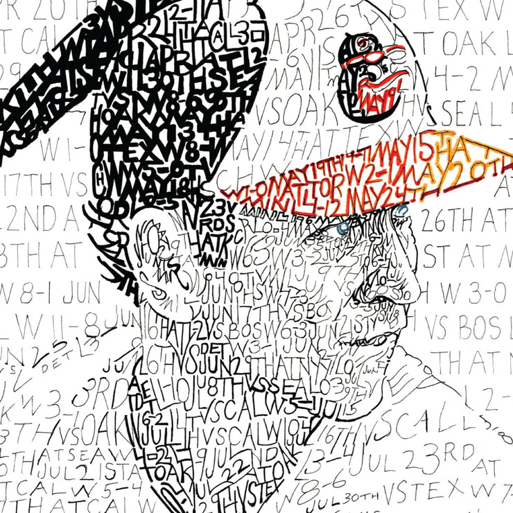 Detail of handwritten word art of Cal Ripken at bat in 1983 World Series shows season stats forming face, cap, and bat.