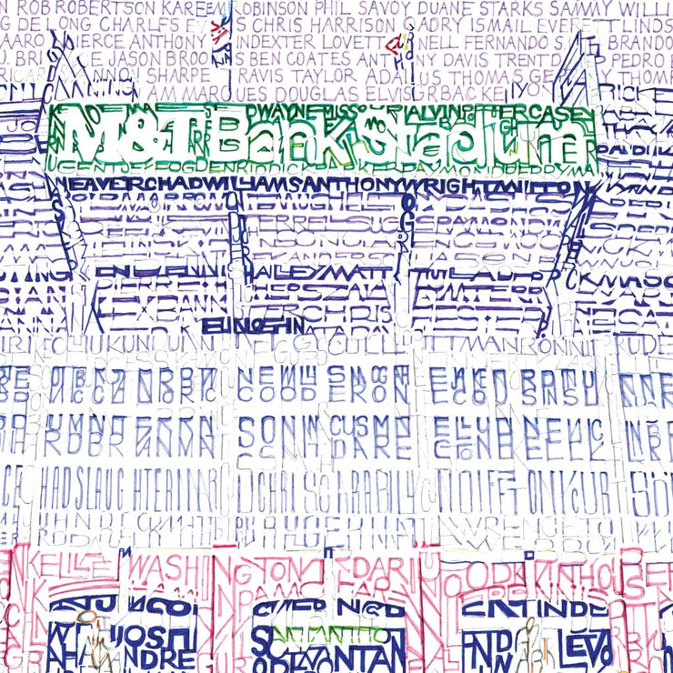 Ravens M&T Stadium illustration with “M&T Bank Stadium” in white and green on front made of words describing stadium.