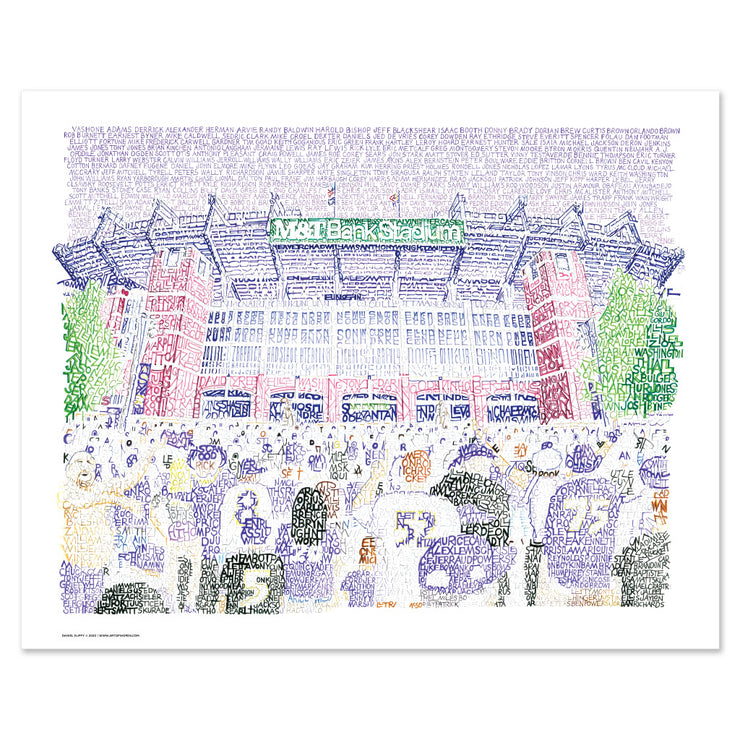 Purple, red, green illustration of front-facing Ravens M&T Stadium and crowd made of hand-written words describing stadium.