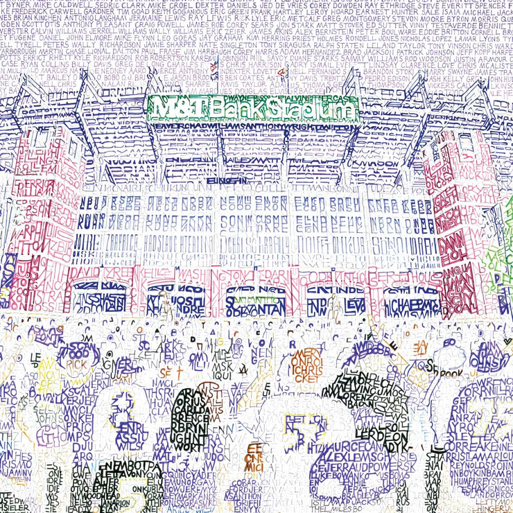 Purple, red, green illustration of front-facing Ravens M&T Stadium and crowd made of words describing stadium.