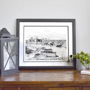 Original, uncolored Baltimore wall art is view of skyline formed from handwritten names of streets, neighborhoods, and landmarks.