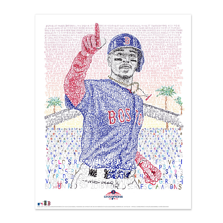 Unframed word art print of 2018 Boston Red Sox outfielder Mookie Betts, handwritten with record of team’s 2018 season.