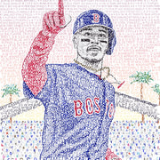 Word art depicting 2018 Boston Red Sox outfielder and AL MVP Mookie Betts in World Series, handwritten with team’s 2018 record.