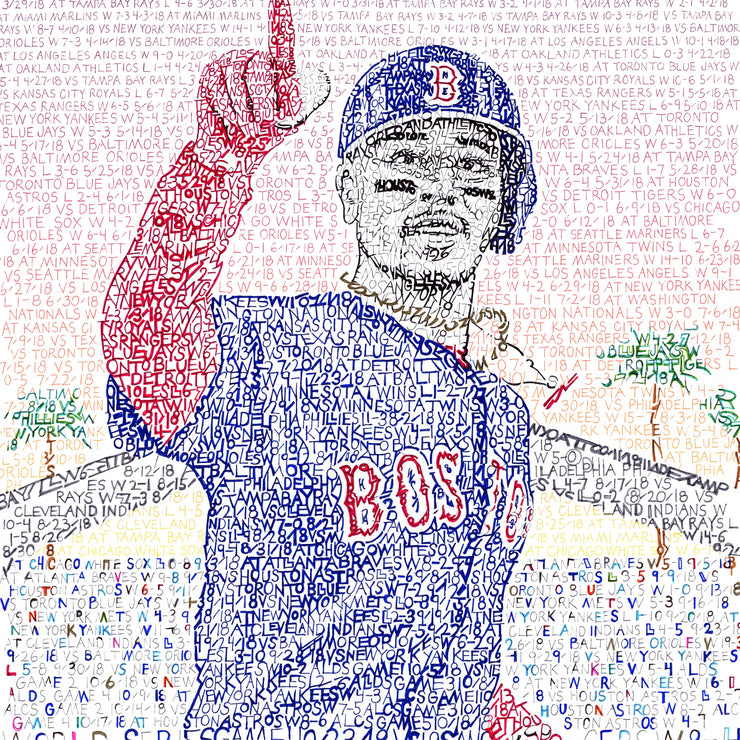 Word art depicting 2018 Boston Red Sox outfielder and AL MVP Mookie Betts in World Series, handwritten with team’s 2018 record.