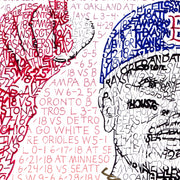 Detail of word art of 2018 Boston Red Sox outfielder Mookie Betts, showing stats forming his face, cap, and right hand.