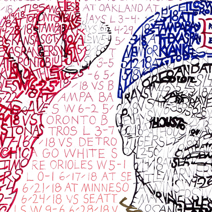 Detail of word art of 2018 Boston Red Sox outfielder Mookie Betts, showing stats forming his face, cap, and right hand.