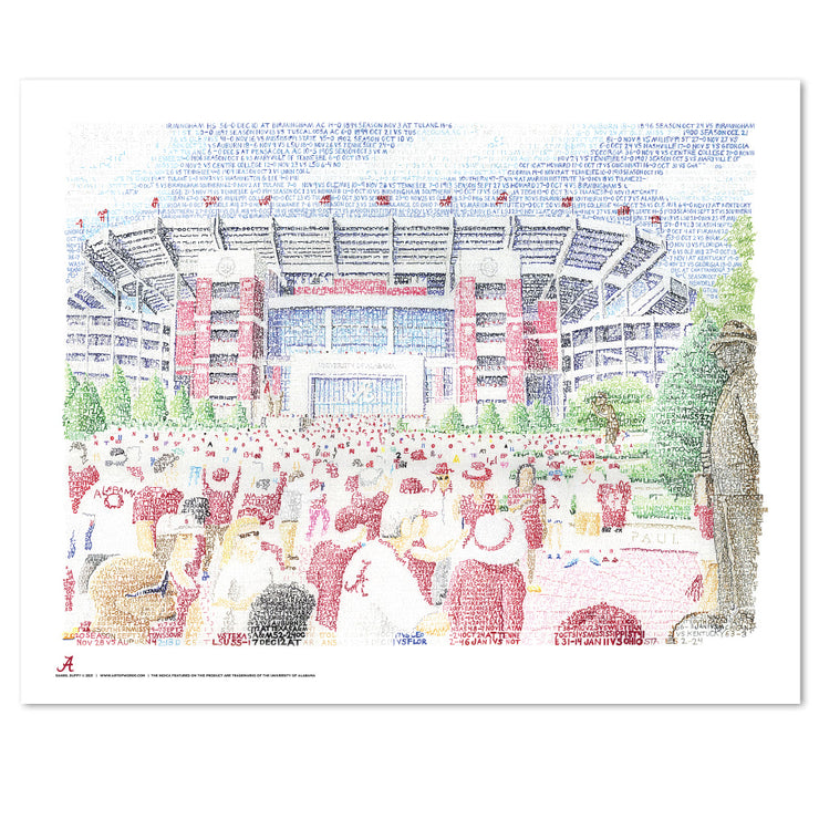 Unframed word art print of Bryant Denny Stadium shows crowd entering the Alabama stadium, handwritten with Crimson Tide win.