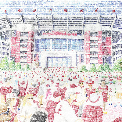 Word art view of crowd entering Bryant Denny Stadium at University of Alabama, handwritten with every Crimson Tide win.