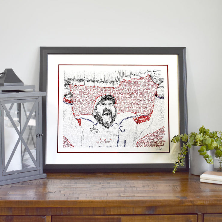 Washington Capitals gift idea framed art of Alex Ovechkin made with handwritten details of games from 2018 next to lantern.