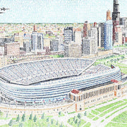 Artwork of Soldiers Field Chicago Stadium surrounded by city made of handwritten names of every Bear in history (1920-2018.)