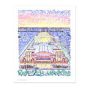 Unframed print of Navy Pier art, handwritten with pier history and names of attractions.