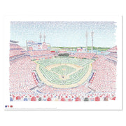 Unframed print of word art view of the Cincinnati Reds’ stadium, handwritten with names of all Reds players through 2019.