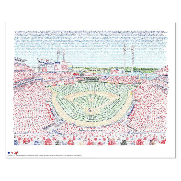 Unframed print of word art view of the Cincinnati Reds’ stadium, handwritten with names of all Reds players through 2019.