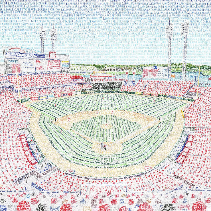 Word art view of fans and field at the Cincinnati Reds’ stadium, handwritten with names of all Reds players through 2019.