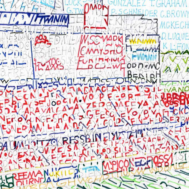 Detail of word art shows how names of all Reds players through 2019 form stands and field of the Cincinnati Reds’ stadium.