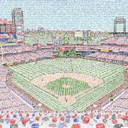 Aerial view of Citizens Bank Park Phillies Stadium art handwritten with the names of every Phillie in history (1883-2018.)