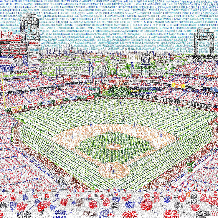 Aerial view of Citizens Bank Park Phillies Stadium art handwritten with the names of every Phillie in history (1883-2018.)